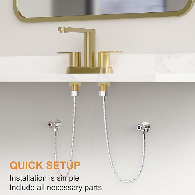 BWE Brushed Gold Bathroom Faucets 4 Inch Centerset Faucet for Bathroom Sink | 2 or 3 Hole Basin 2-Handle 360° Swivel Spout Bathroom Sink Faucet with Pop up Drain Water Supply Hose for Farmhouse Vanity RV