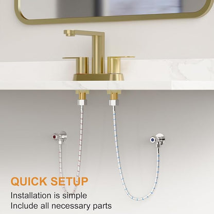 BWE Brushed Gold Bathroom Faucets 4 Inch Centerset Faucet for Bathroom Sink | 2 or 3 Hole Basin 2-Handle 360° Swivel Spout Bathroom Sink Faucet with Pop up Drain Water Supply Hose for Farmhouse Vanity RV