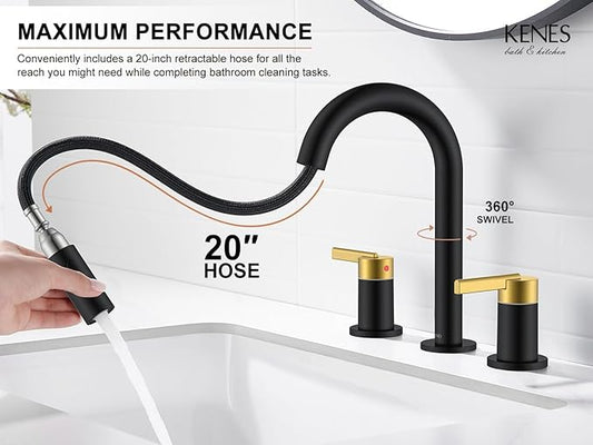 KENES Black and Gold Pull Out Widespread Bathroom Faucet 3 Hole, 8 Inch 2 Handle Bathroom Sink Faucet with Pull Down Sprayer, Vanity Faucet with Pop Up Drain and Supply Lines LJ-9068-BG