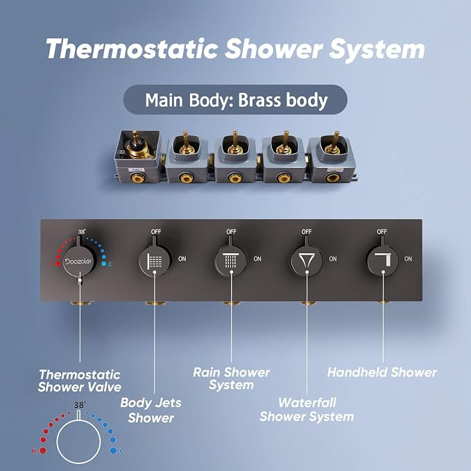 Thermostatic Rain Shower System, Black Multi Shower Head System with Body Jets, 23Inch Ceiling Mounted Full Body Rainfall Waterfall Shower System with Handheld, Tub Spout, LED Light and Music