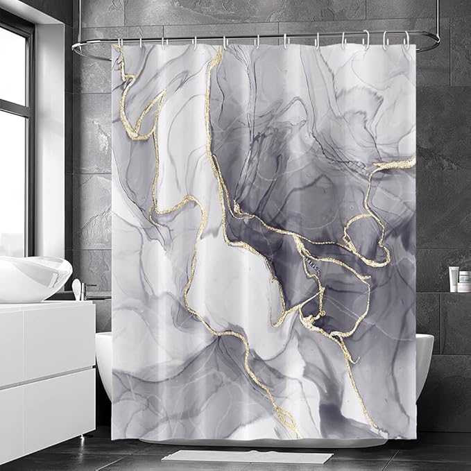Grey Shower Curtain, Ombre Light Grey Marble Shower Curtain Set Modern Aesthetic Gray Ink Texture Waterproof Bathroom Curtain with Hooks, 72x96 Inch