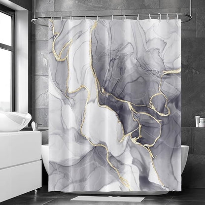 Grey Shower Curtain, Ombre Light Grey Marble Shower Curtain Set Modern Aesthetic Gray Ink Texture Waterproof Bathroom Curtain with Hooks, 72x72 Inch