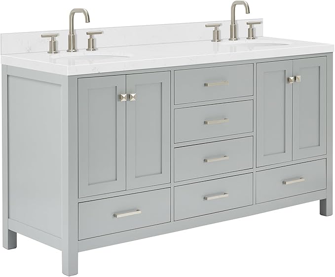 ARIEL Cambridge 66-inch Bathroom Vanity with Sink,Solid Wood, 1.5-inch Carrara White Quartz Countertop & Backsplash, Double Oval Porcelain Sink, 4 Soft Closing Doors, 6 Dovetail Drawers, Grey