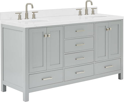ARIEL Cambridge 66-inch Bathroom Vanity with Sink,Solid Wood, 1.5-inch Carrara White Quartz Countertop & Backsplash, Double Oval Porcelain Sink, 4 Soft Closing Doors, 6 Dovetail Drawers, Grey