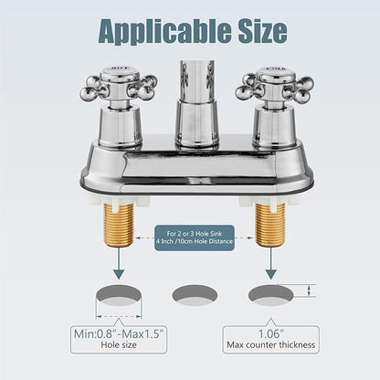 Aolemi 4 Inch Centerset Bathroom Sink Faucet Vintage 2 Cross Handle RV Mixer Tap Basin Vanity Lavatory Utility for Sink 3 Hole Include Hoses Pop Up Drain Faucet Handle with Label Polish Chrome