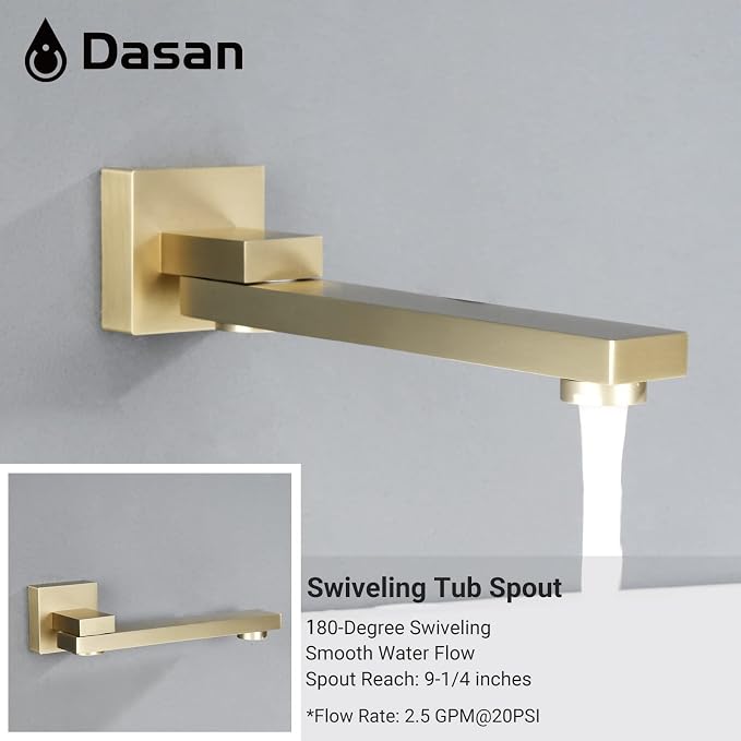 DASAN Tub Shower Faucets Sets Complete Brushed Gold Bathtub Shower System with Tub Spout, Bathtub Faucet Set Tub and Shower Faucet Combo Trim Kit with Rough-in Valve, DA-SS03BG-S10W