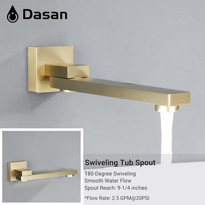 DASAN Tub Shower Faucets Sets Complete Brushed Gold Bathtub Shower System with Tub Spout, Bathtub Faucet Set Tub and Shower Faucet Combo Trim Kit with Rough-in Valve, DA-SS03BG-S10W