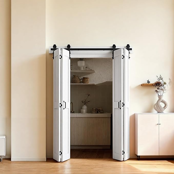 VEVOR Bifold Barn Door, 72" x 84", MDF Bi-Fold Sliding Closet Doors, Header Board and Hardware Kit Included, H-Frame Space-Saving Design, Pre-Assembled Panels, Waterproof & Quiet, White