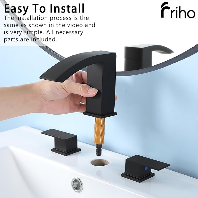 Friho Matte Black Bathroom Faucets 3 Hole, 8 Inch Widespread 2 Handle Square Waterfall Bathroom Sink Faucets with Pop-up Drain and Supply Lines, Vanity Faucet Suitable for Lavatory Restroom RV