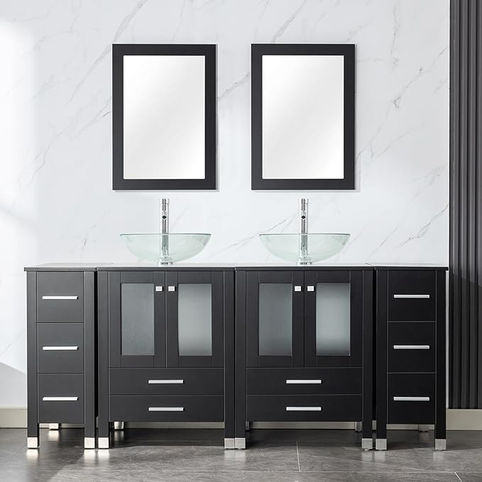 LUCKWIND 72" Double 24-in Bathroom Vanity with Sink Combo, Elegant Series with Two 12.6-in Side Cabinets, Painted Frame, Including Transparent Round Sinks, Faucets Without Mirrors, Black