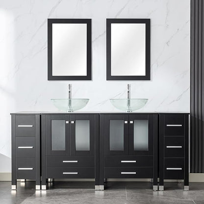 LUCKWIND 72" Double 24-in Bathroom Vanity with Sink Combo, Elegant Series with Two 12.6-in Side Cabinets, Painted Frame, Including Transparent Round Sinks, Faucets Without Mirrors, Black