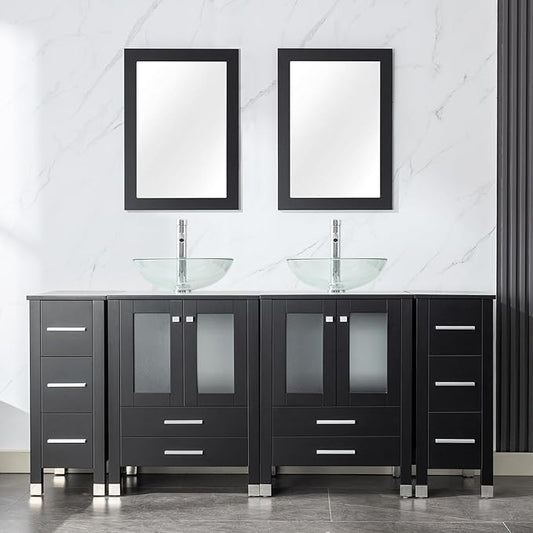 LUCKWIND 72" Double 24-in Bathroom Vanity with Sink Combo, Elegant Series with Two 12.6-in Side Cabinets, Painted Frame, Including Transparent Round Sinks, Faucets Without Mirrors, Black