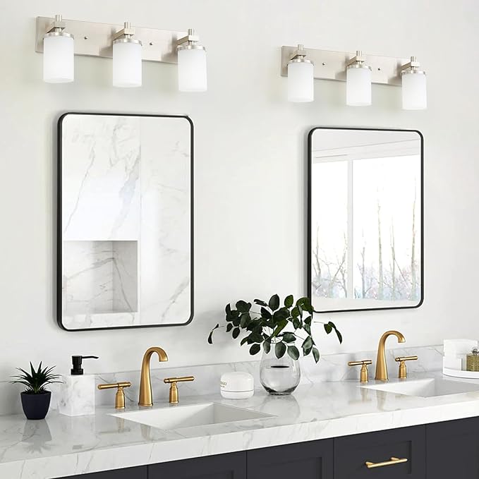 LOUSACE Bathroom Lighting Fixtures Over Mirror Brushed Nickel 3 Light Bathroom Vanity Lights with Opal White Glass Shades, Modern Vanity Wall Sconces Fixture for Bedroom Living Room