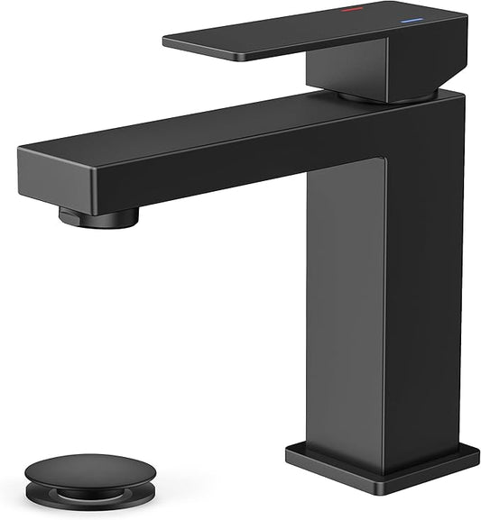 FORIOUS Bathroom Faucets, Single Hole Black Bathroom Faucet with Pop-up Drain, Lead-Free, Single Handle Faucet for Sink, Vanity, RV, Lavatory, Suitable for 1 or 3 Holes