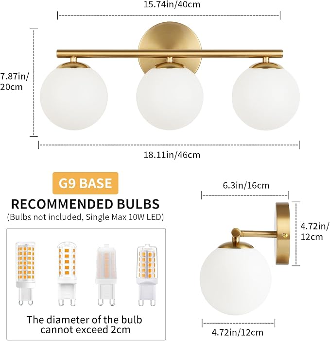 foucasal Gold 3-Light Globe Bathroom Vanity Light Fixture Over Mirror | G9 Socket, Plastic Milk Globe Shades, 4.72" Base, 10W Max, Adjustable Up/Down Light, Mid Century Style for Bathroom Bedroom
