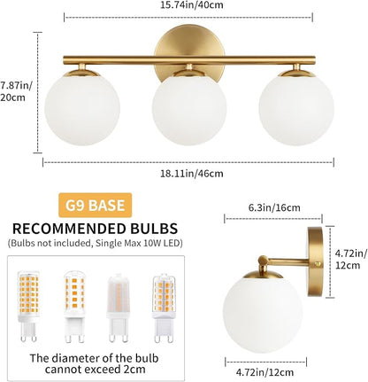 foucasal Gold 3-Light Globe Bathroom Vanity Light Fixture Over Mirror | G9 Socket, Plastic Milk Globe Shades, 4.72" Base, 10W Max, Adjustable Up/Down Light, Mid Century Style for Bathroom Bedroom