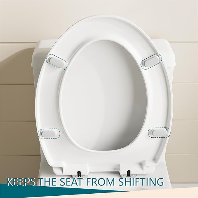 19" Elongated Toilet Seat with Soft Close, Quick Release and Quick Attach Design, Plastic Toilet Seat with Non-Slip Bumpers, Never Loosens and Easy to Install and Clean, Fits Most Elongated Toilets