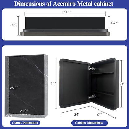 Bathroom Medicine Cabinet,24"x24" Square Mirror Door with Stainless Steel Frame,Recessed & Surface Wall Cabinet with Glass Shelves, Rust-Resistant Bathroom Storage Cabinet