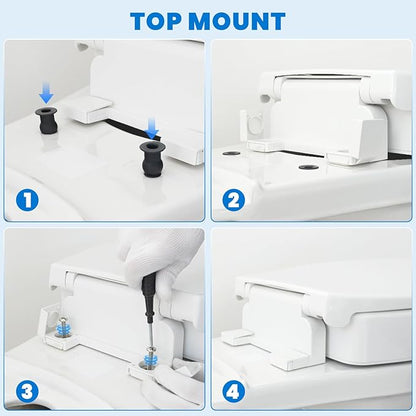 Raised Toilet Seat with Bidet for Seniors, 3" Height, Heavy Duty Slow Close Elevated Toilet Seat with Never Loosen Hinges, Fits Most Elongated Toilets, No Electric Cold Water Only (White 18.5")