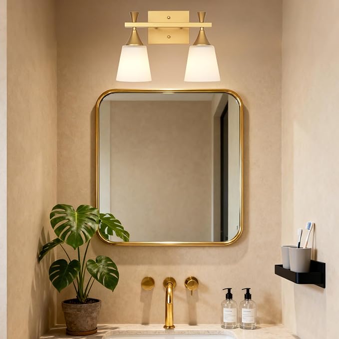 2 Light Modern Bathroom Vanity Light, Milk Glass Wall Light Fixtures Over Mirror, Brushed Gold Vanity Lighting for Bathroom, Living Room, Bedroom, E26 Base (Exclude Bulb)