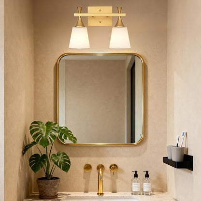 2 Light Modern Bathroom Vanity Light, Milk Glass Wall Light Fixtures Over Mirror, Brushed Gold Vanity Lighting for Bathroom, Living Room, Bedroom, E26 Base (Exclude Bulb)