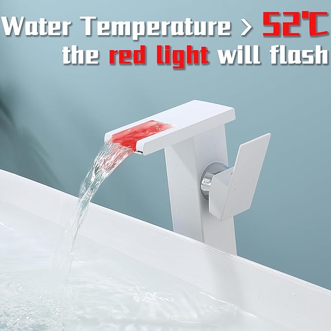 LED Waterfall Bathroom Sink Faucet, 3 Colors Spout Faucet with Water Supply Hose, Single Handle Single Hole Slanted Body Brass Mixer Vanity Sink Tap (White