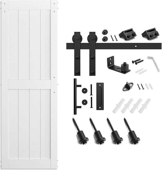 SMARTSTANDARD 24" x 84" White Sliding Barn Door with 4FT Black Hardware | Pre-Drilled Ready to Assemble, Waterproof PVC Coating, H-Frame