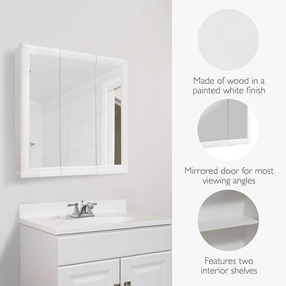 Design House Wyndham, 30 in W x 4.5 in D x 24 in H Bathroom Medicine Cabinet, Wall Mounted, 3 Mirror Doors, White, 535864-WHT