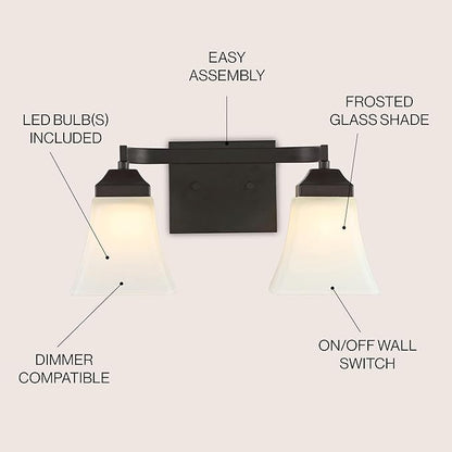 JONATHAN Y 15" Oil Rubbed Bronze Modern Cottage LED Vanity Light Wall Sconce, Farmhouse Wall Lamp for Bathroom Mirror Kitchen, White Glass Shade, LED Bulb Included (JYL7523A)