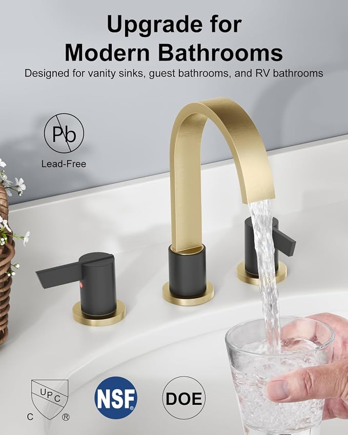 Gold and Black 3 Hole Bathroom Faucet,8" Widespread Vanity Faucet | 2 Handle Waterfall Bathroom Sink Faucet with Pop-Up Drain,Supply Lines,360° Swivel Spout,Lead-Free Stainless Steel,Deck Mount