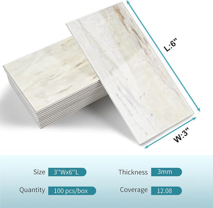 Vamos Tile 100-Piece Glossy Wooden Marble Grain Peel and Stick Backsplash Tile,3''x6'' PVC Subway Tile with White Grout, Stick on Backsplash for Kitchen/Bathroom/Fireplace