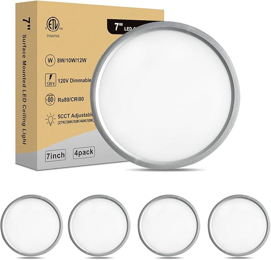 7 Inch LED Ceiling Light, Dimmable 2700K/3000K/3500K/4000K/5000K Selectable, Ultra Slim 0.67 Inch Round Flat Ceiling Lamps for Bathroom Basement, 7 Inch 4Pack Silver