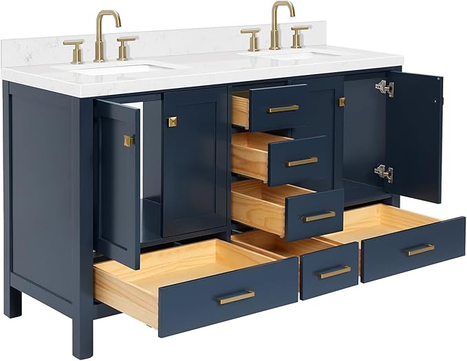 ARIEL Cambridge 60-inch Bathroom Vanity with Sink,Solid Wood, 1.5-inch Carrara White Quartz Countertop, Double Rectangular Porcelain Sink, 4 Soft Closing Doors, 6 Dovetail Drawers, Midnight Blue