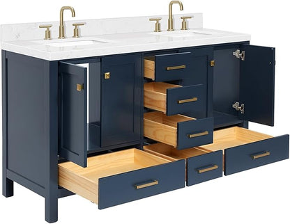 ARIEL Cambridge 60-inch Bathroom Vanity with Sink,Solid Wood, 1.5-inch Carrara White Quartz Countertop, Double Rectangular Porcelain Sink, 4 Soft Closing Doors, 6 Dovetail Drawers, Midnight Blue