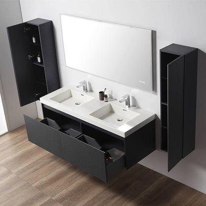 Blossom 60 Inch Double Sink Bathroom Vanity with Side Cabinets, All Wood Wall Mounted Floating Bathroom Vanity Cabinet with Acrylic Sinks, Soft-Close Drawers, Bathroom Vanities, Night Blue