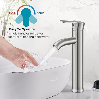 gotonovo Modern Vessel Sink Faucet with ABS Pop Up Drain, Brushed Nickel | Modern Tall Bathroom Faucet 1 Hole Single Handle Round Body, cUPC Water Supply Hoses, Basin Mixer Tap for Vanity Lavatory Rv