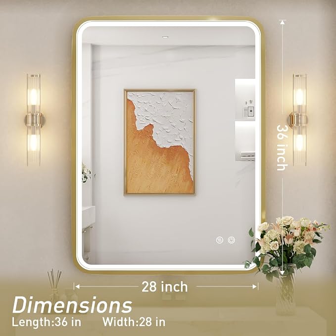 28x36 Inch LED Gold Frame Lighted Bathroom Mirror,3-Color | ETL Listed,Anti-Fog,3000K/4500K/6000K Dimmable,Horizontal & Vertical,Wall Mounted,Memory Function