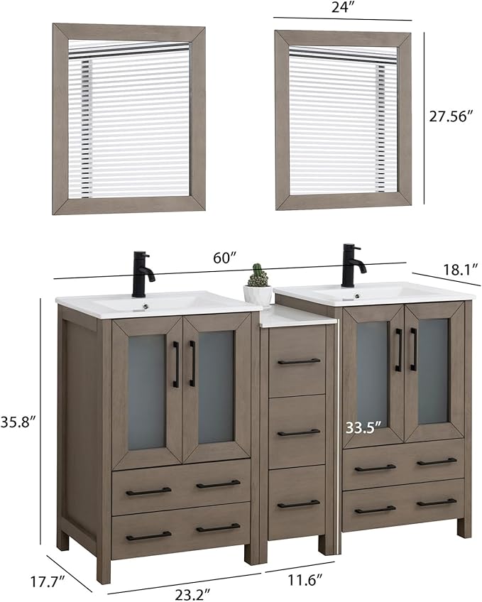 HOMEBEYOND 60 Inch Modern Bathroom Vanity with Sink & Mirror, Double Sink Vanity Cabinet with Basin and Mirror, Dove-Tailed Drawers, Soft-Closing Doors, Wood, Driftwood Gray