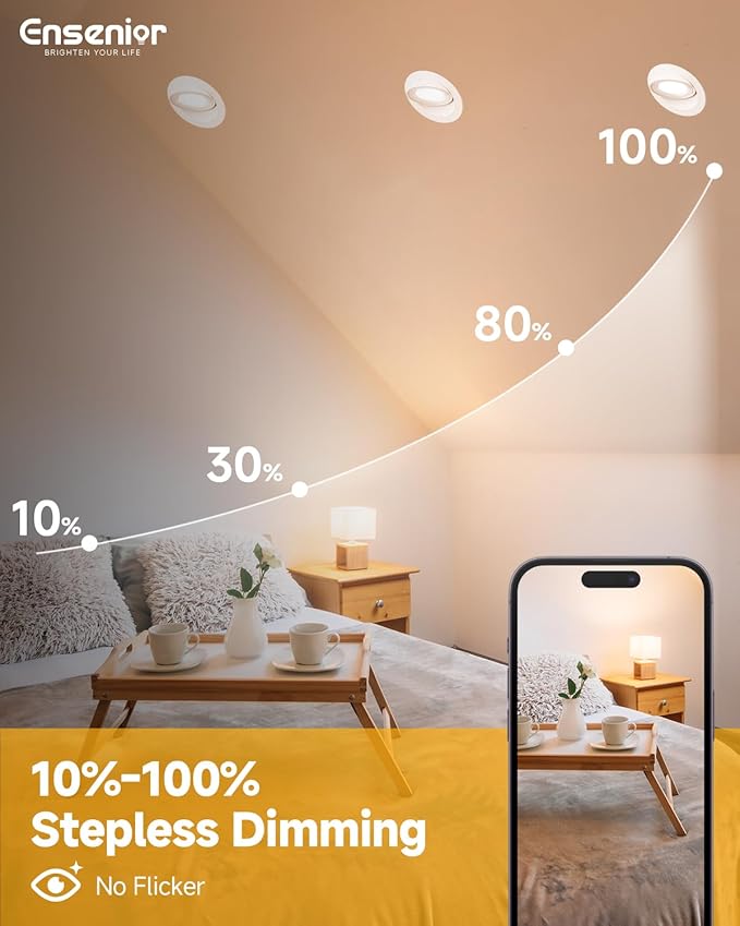 Ensenior 6 Pack 4 inch LED Gimbal Led Recessed Light with Junction Box, 2700K-5000K 5CCT, 360°+90° Adjustable Directional Eyeball Lighting, Dimmable, CRI90+, 900LM, 9W=85W, 120V-ETL&FCC