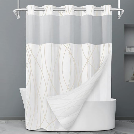 Beige Khaki No Hook Shower Curtain with Liner, 71 x 80 Inch | Stripe Pattern,Waterproof,Quick Dry,Mesh Top Window,Bottom Magnets,Hotel Style,Machine Washable,Modern,for Bathroom