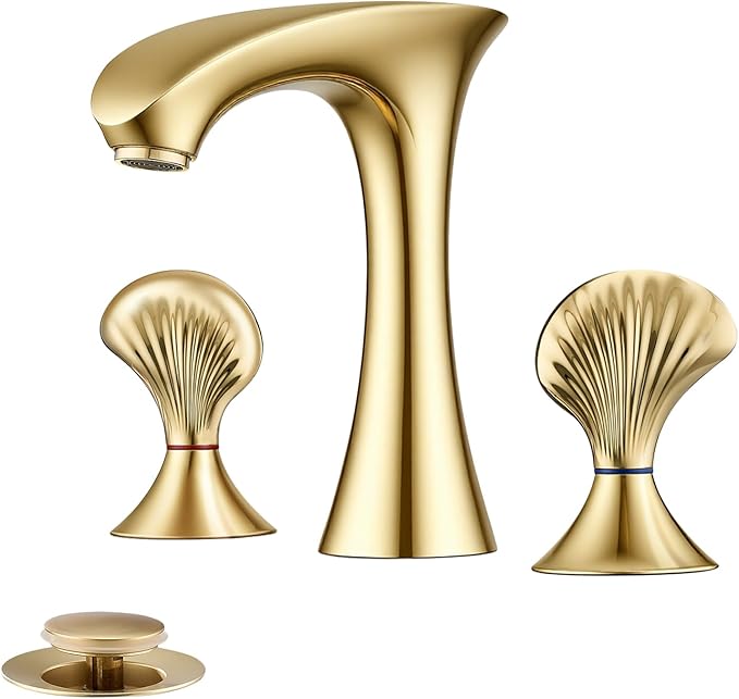 Gold Bathroom Faucet 3 Hole, 8 Inch Widespread Bathroom Sink Faucet for Vanity, 2 Handle Bathroom Faucets, Bathroom Vanity Faucet with Pop-Up Drain and Supply Hoses