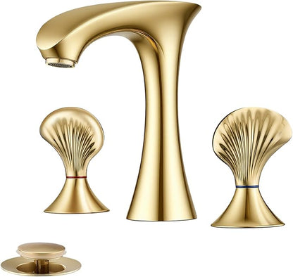 Gold Bathroom Faucet 3 Hole, 8 Inch Widespread Bathroom Sink Faucet for Vanity, 2 Handle Bathroom Faucets, Bathroom Vanity Faucet with Pop-Up Drain and Supply Hoses