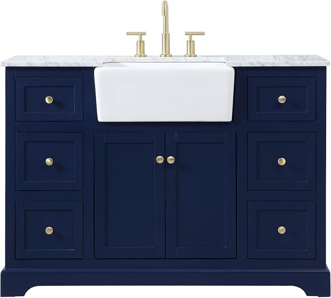 48" Pre-Assembled Bathroom Vanity with Sink, Solid Birch and MDF, Carrara White Marble Countertop Attached, Single Rectangle Porcelain Sink, 6 Soft-Close Drawers, Blue
