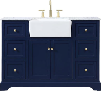 48" Pre-Assembled Bathroom Vanity with Sink, Solid Birch and MDF, Carrara White Marble Countertop Attached, Single Rectangle Porcelain Sink, 6 Soft-Close Drawers, Blue