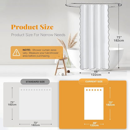 BTTN 48x72 Boho Scalloped Linen Textured Cloth Shower Curtain Set, White | Stall Size, 230GSM Waterproof Polyester, Heavy Duty Fabric, 8 Plastic Hooks, Elegant Modern Farmhouse Style, Machine Washable