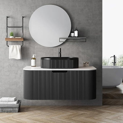 LKTART 36 Inch Floating Bathroom Vanity with Sink, Modern Wall Mounted Bathroom Storage Cabinet with Drawer, Fluted Black Curved Edges Ceramic Sink Top and Marble Texture Top, Black