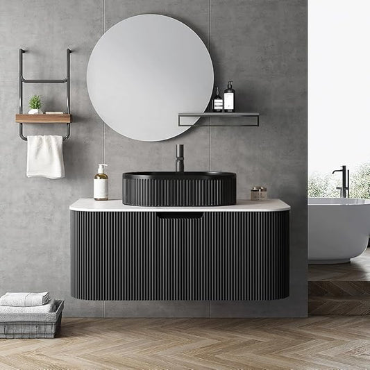 LKTART 36 Inch Floating Bathroom Vanity with Sink, Modern Wall Mounted Bathroom Storage Cabinet with Drawer, Fluted Black Curved Edges Ceramic Sink Top and Marble Texture Top, Black