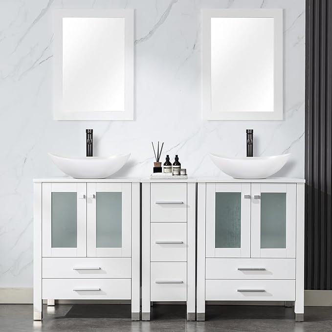 LUCKWIND 60" Double 24" Bathroom Vanity with Sink Combo, Elegant Series with One 12.6-in Side Cabinet, Painted Frame, Including White Boat Sinks, Faucets Without Mirrors, White