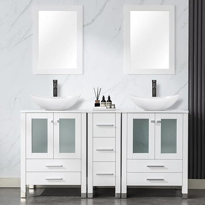 LUCKWIND 60" Double 24" Bathroom Vanity with Sink Combo, Elegant Series with One 12.6-in Side Cabinet, Painted Frame, Including White Boat Sinks, Faucets Without Mirrors, White