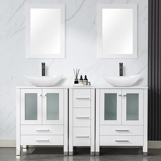 LUCKWIND 60" Double 24" Bathroom Vanity with Sink Combo, Elegant Series with One 12.6-in Side Cabinet, Painted Frame, Including White Boat Sinks, Faucets Without Mirrors, White